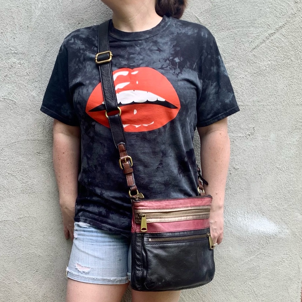 Vintage Fossil Black Burgundy Explorer Leather Patchwork Crossbody Bag - Picture 3 of 16